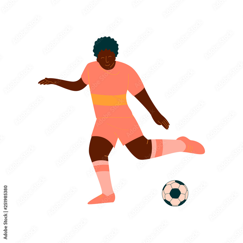 Male Soccer Player Kicking Ball, African American Male Footballer Character in Orange Sports Uniform Vector Illustration