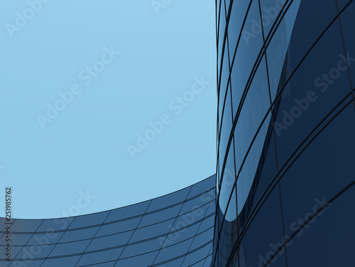 3D stimulate of high rise curve glass building and dark steel window system on blue sky background,Business concept of future architecture,lookup to the angle of the building.