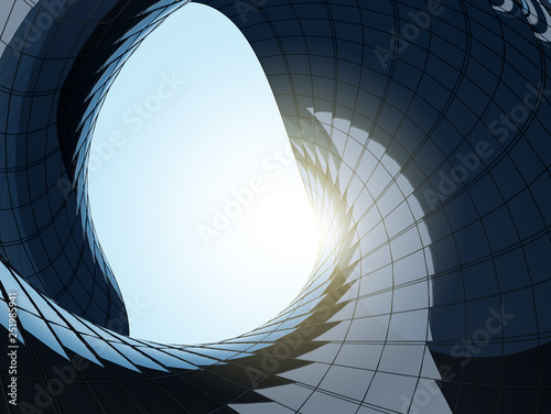 Fototapeta Naklejka Na Ścianę i Meble -  3D stimulate of high rise curve glass building and dark steel window system on blue sky background,Business concept of future architecture,lookup to the angle of the building.