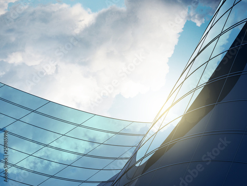 3D stimulate of high rise curve glass building and dark steel window system on blue sky background,Business concept of future architecture,lookup to the angle of the building.