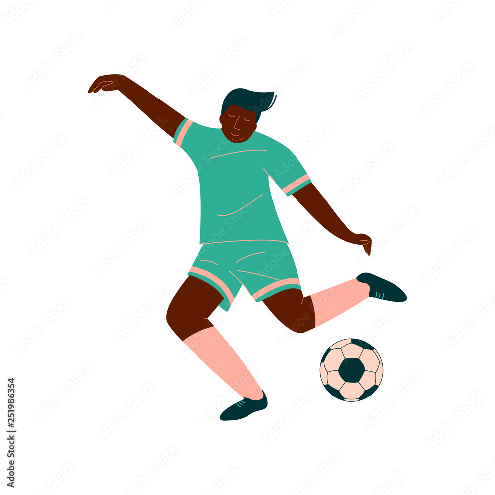 Obraz premium Male Soccer Player Kicking Ball, African American Male Footballer Character in Green Sports Uniform Vector Illustration