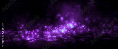 Dark empty room  old brick walls  concrete floor  smoke  pyal  smog. Violet abstract light  night view.