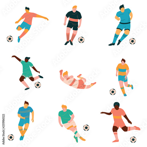 Soccer Players Set, Male Footballer Characters in Sports Uniform Playing in Different Positions Vector Illustration