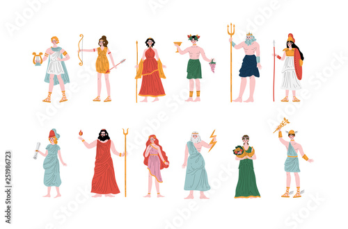 Olympian Greek Gods set, Apollo, Hera, Dionysus, Zeus, Demetra, Hermes, Clio, Artemis, Aphrodite, Poseidon, Ancient Greece Mythology Heroes Vector Illustration