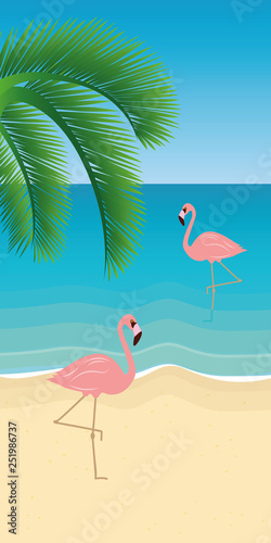 pink flamingos and palm tree leaf on the beach summer holiday background vector illustration EPS10