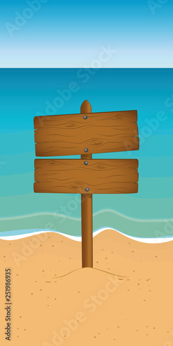 wooden sign on the beach with copy space summer vacation vector illustration EPS10