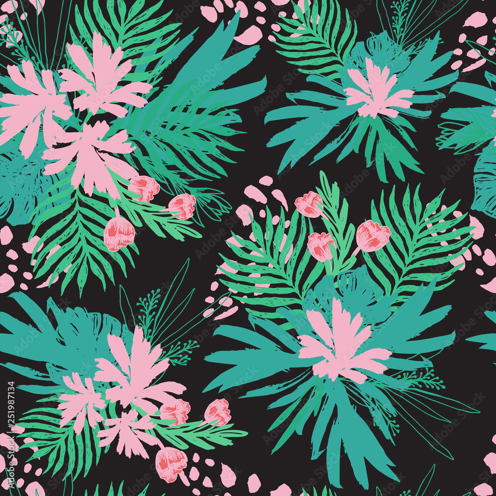 Exotic Bouquet Flowers with Palm Leaves Seamless Pattern Print