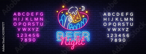 Beer neon sign vector. Beer Night Design template neon sign, light banner, neon signboard, nightly bright advertising, light inscription. Vector illustration. Editing text neon sign