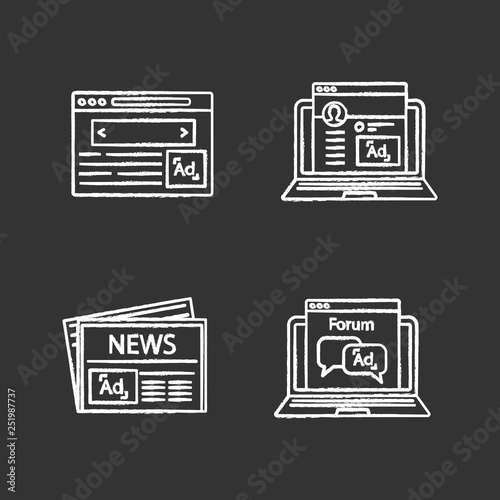 Advertising channels chalk icons set