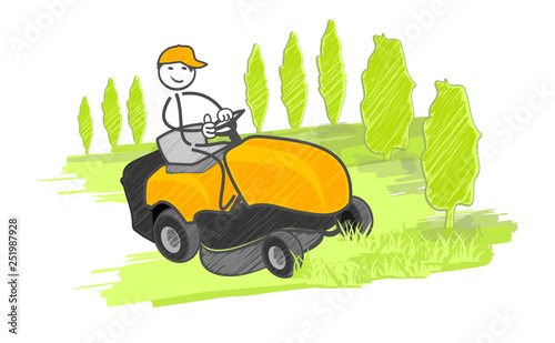 un jardinier sur sa tondeuse à pelouse