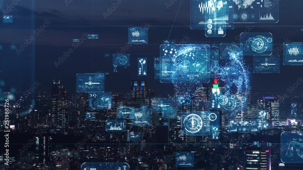 Smart city and communication network concept. GUI (Graphical User Interface). IoT (Internet of Things).