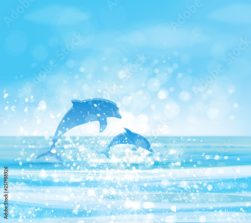 Vector  blue sea  and jumping dolphins.
