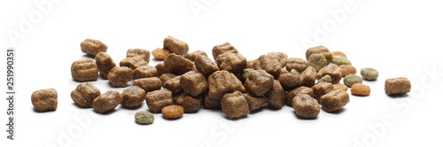 Dry dog food, granules isolated on white background
