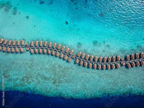 Water villas in the Indian ocean, Maldives, aerial view