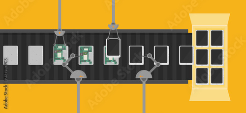 Automatic production conveyor. Robotic industry concept. Vector illustration.
