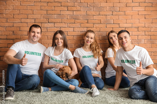 Team of young volunteers with dog sitting near brick wall