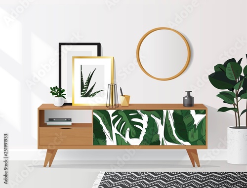 Wooden sideboard with plants and posters on it against white wall. Modern interior with tropical elements. Vector illustration