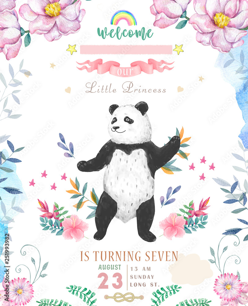 Plakat Wszystkiego najlepszego z okazji urodzin karciany projekt z ślicznymi panda niedźwiedziami, boho kwiatami i kwiecistymi bukietami ilustracyjnymi. Akwarela clipart na kartkę z życzeniami.