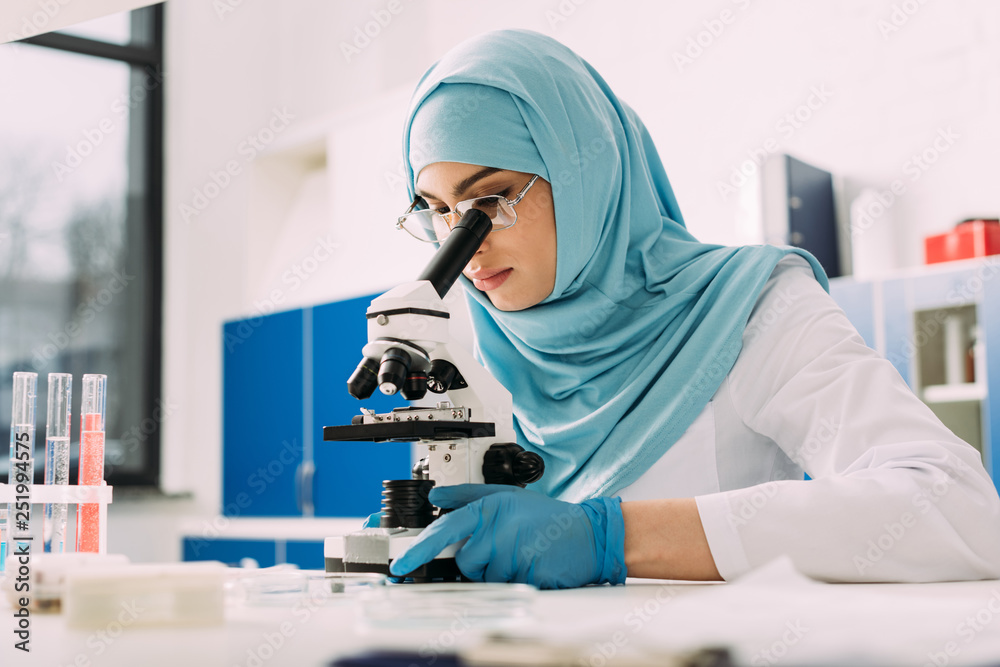 concentrated female muslim scientist looking through microscope during experiment in chemical laboratory concentrated female muslim scientist looking through microscope during experiment in chemical laboratory