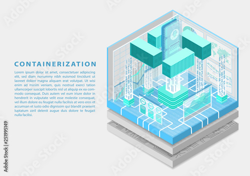 Application containerization and modular software development concept with symbol of smartphone and containers as isometric vector illustration.  photo