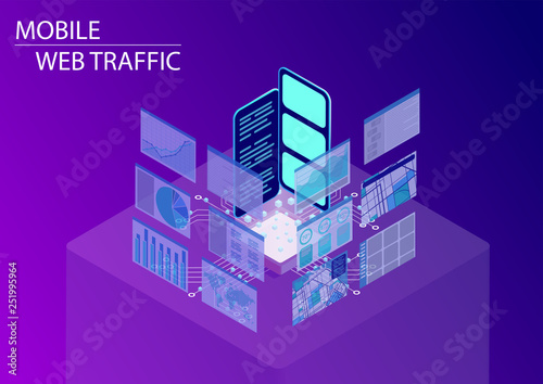 Mobile web traffic and monitoring of internet surfing concept. 3d isometric vector illustration with floating smartphones and monitoring dashboards in order to control surfing behaviour