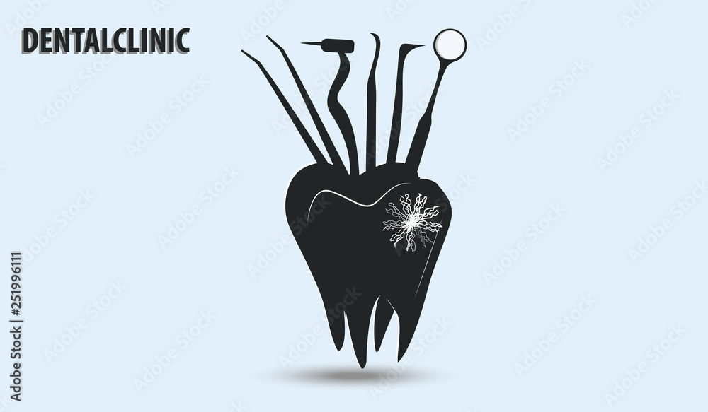 Obraz premium Dentist tools in stand in the shape of a tooth - isolated on light background - flat style - vector.
