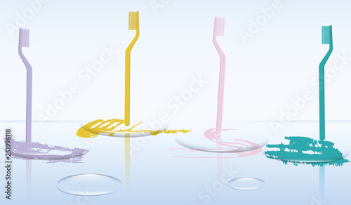Toothbrushes with reflection, grunge style paint strokes - illustration, vector.