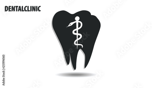Icon - black molar with a snake entwining with a staff - isolated on white background - flat style - vector. Dental clinic