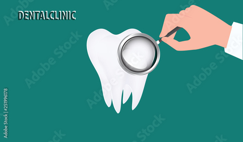 A hand with a magnifying glass diagnoses a white molar tooth - isolated on a green background - flat style. Dental clinic
