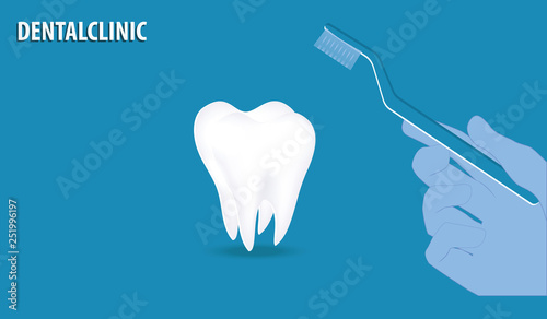 Large white tooth - toothbrush in hand - flat style - blue background - vector