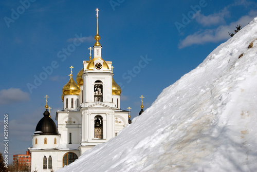 Dormition church. Kremlin in Dmitrov, old historical town in Moscow region, Russia. Color winter photo. Popular landmark.