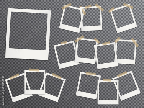 Blank photo frames set hanging on adhesive tape vector realistic illustration.