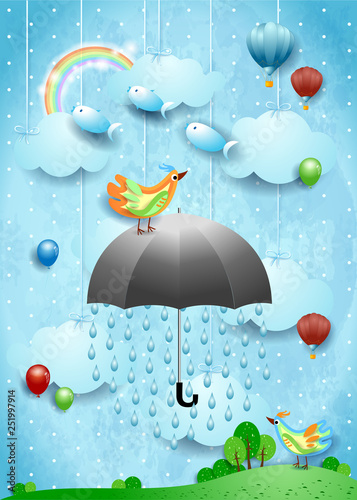 Surreal landscape with umbrella, balloons, birds and flying fisches