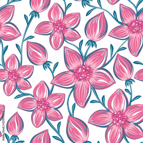 Floral seamless pattern. Hand drawn creative flowers. Colorful artistic background with blossom. Abstract herb. It can be used for wallpaper, textiles, wrapping, card. Vector illustration, eps10