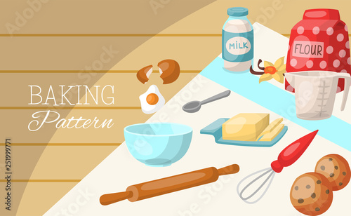 Baking cartoon tools and food seamless pattern. Kitchen utensils. Cooking vector illustration. Baking ingredients. Vanilla, flour, butter, milk, eggs, baking powder. Bowl, teaspoon.