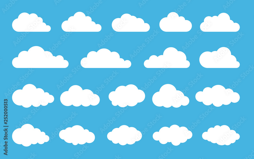 Naklejka Chmura. Abstrakcjonistyczny biały chmurny set odizolowywający na błękitnym tle. Ilustracji wektorowych