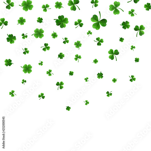 Saint Patrick's Day Border with Green Four and Tree 3D Leaf Clovers on White Background. Irish Lucky and success symbols. Vector illustration