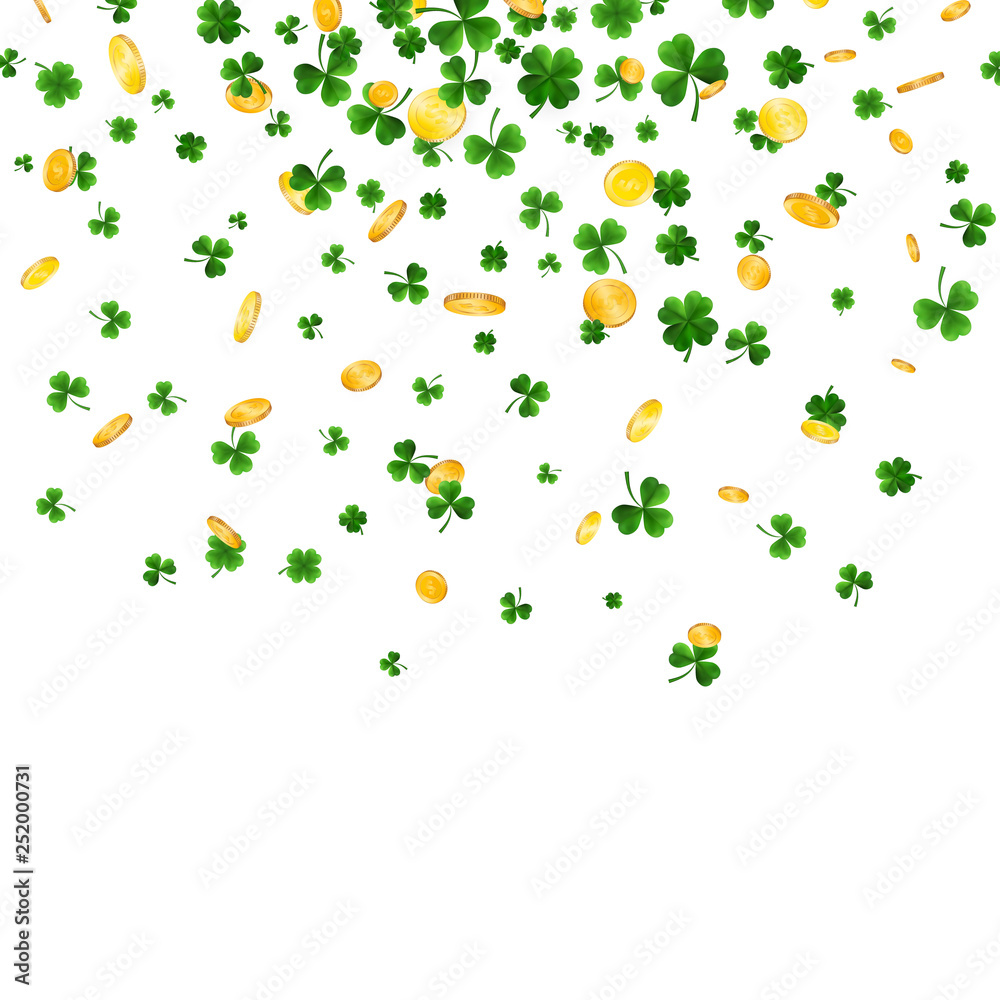 Saint Patrick's Day Border with Green Four and Tree Leaf Clovers and gold coins on White Background. Irish Lucky and success symbols. Vector illustration Saint Patrick's Day Border with Green Four and Tree Leaf Clovers and gold coins on White Background. Irish Lucky and success symbols. Vector illustration