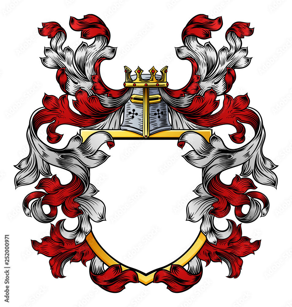 A coat of arms crest heraldic medieval knight or royal family shield. Red  and white vintage motif with filigree leaf heraldry. Stock Vector | Adobe  Stock