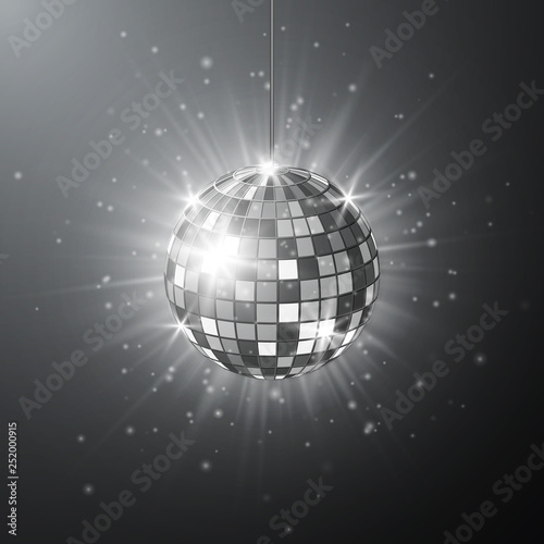 Disco or mirror ball with bright rays. Music and dance night party background. Abstract night club retro background 80s and 90s. Vector illustration