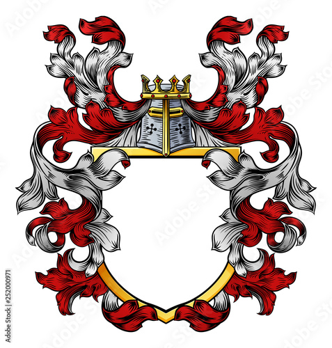 A coat of arms crest heraldic medieval knight or royal family shield. Red and white vintage motif with filigree leaf heraldry.