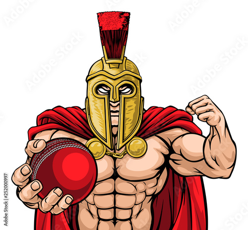 A Spartan or Trojan warrior Cricket sports mascot holding a ball