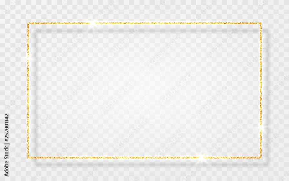 Gold shiny glitter glowing vintage frame with shadows isolated on transparent background. Golden luxury realistic rectangle border. Vector illustration