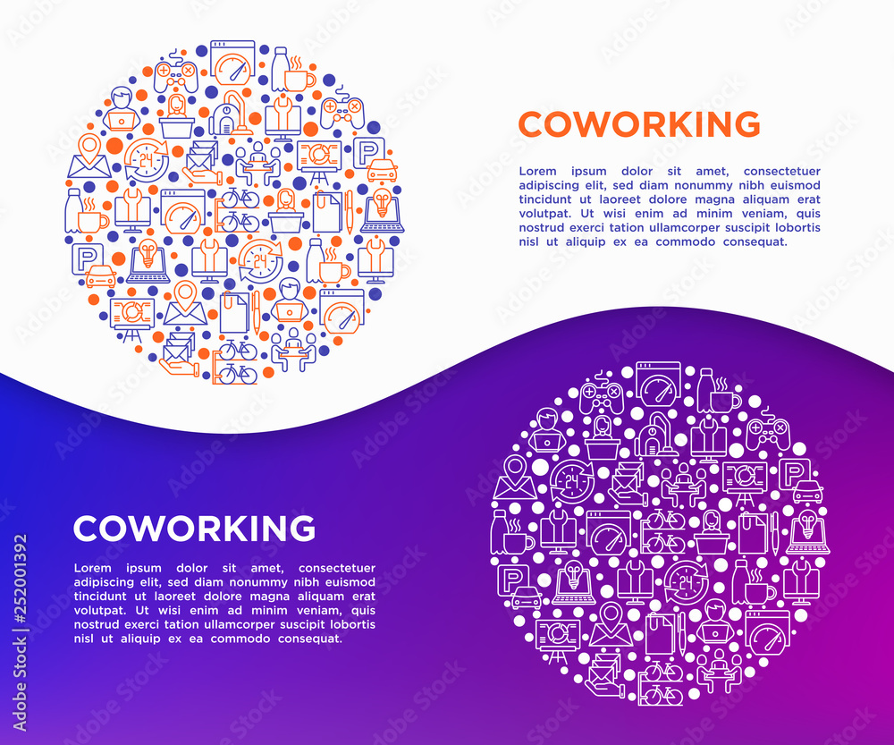 Coworking office concept in circle with thin line icons: workplace, meeting room, conference hall, smart office, parking, reception, legal address, fast internet. Vector illustration Coworking office concept in circle with thin line icons: workplace, meeting room, conference hall, smart office, parking, reception, legal address, fast internet. Vector illustration