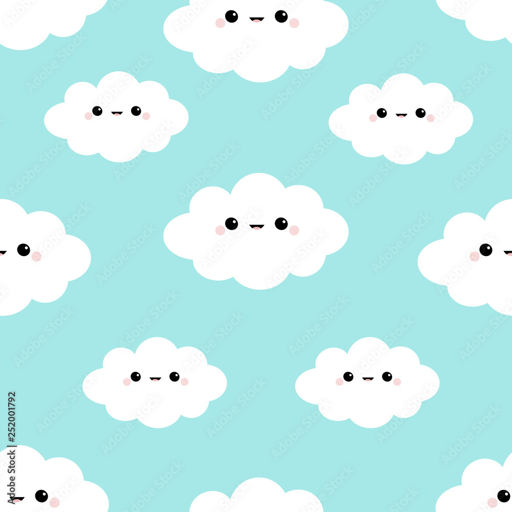 Seamless Pattern. Cloud in the sky. Cute cartoon kawaii funny smiling baby character. Wrapping paper, textile template. Nursery decoration. Blue background. Flat design Seamless Pattern. Cloud in the sky. Cute cartoon kawaii funny smiling baby character. Wrapping paper, textile template. Nursery decoration. Blue background. Flat design