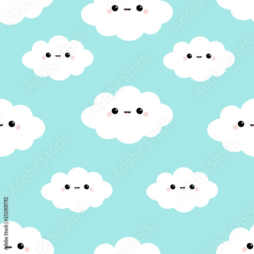 Seamless Pattern. Cloud in the sky. Cute cartoon kawaii funny smiling baby character. Wrapping paper, textile template. Nursery decoration. Blue background. Flat design © worldofvector