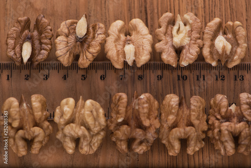 Top close up view of group of large dried ukranian russian peeled Walnut kernels with centimeter ruler in on rustic wooden background