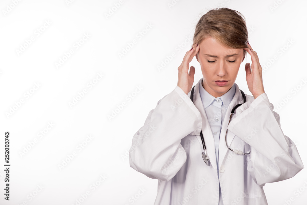 Doctor stressed - Migraine and headache people. Health care professional Doctor stressed - Migraine and headache people. Health care professional