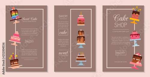 Cake set of cards vector illustration. Chocolate and fruity desserts for sweet cake shop with cupcakes, cakes, pudding, biscuits, whipped cream, glaze and sprinkles, candles.