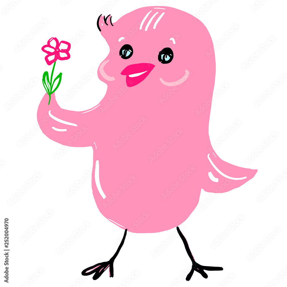 Pink bird with flower. Cute cartoon character design for greetings,  birthday cards, interior decoration, poster, print, pattern, decor, fabric.  Smiley face, good mood. Hand drawn painting. Holidays. Stock Vector | Adobe  Stock